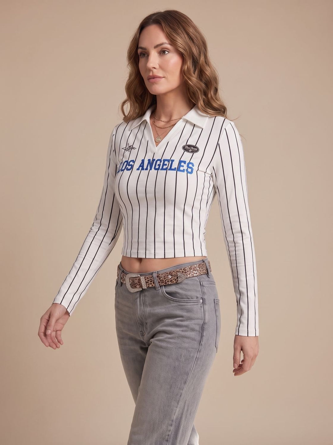 Women's Cropped Long-Sleeve Striped Collared Graphic Top