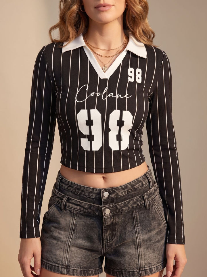 Women's Cropped Long-Sleeve Striped Collared Graphic Top - Black & White