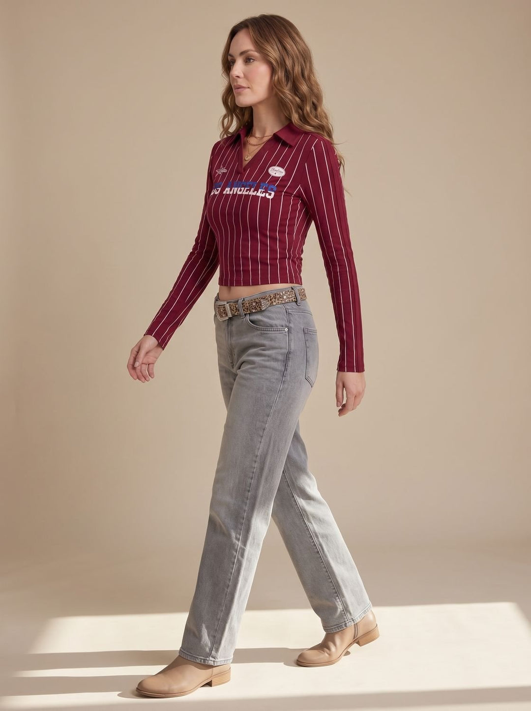 Women's Cropped Long-Sleeve Striped Collared Graphic Top