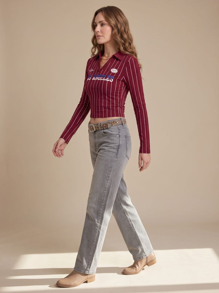 Women's Cropped Long-Sleeve Striped Collared Graphic Top
