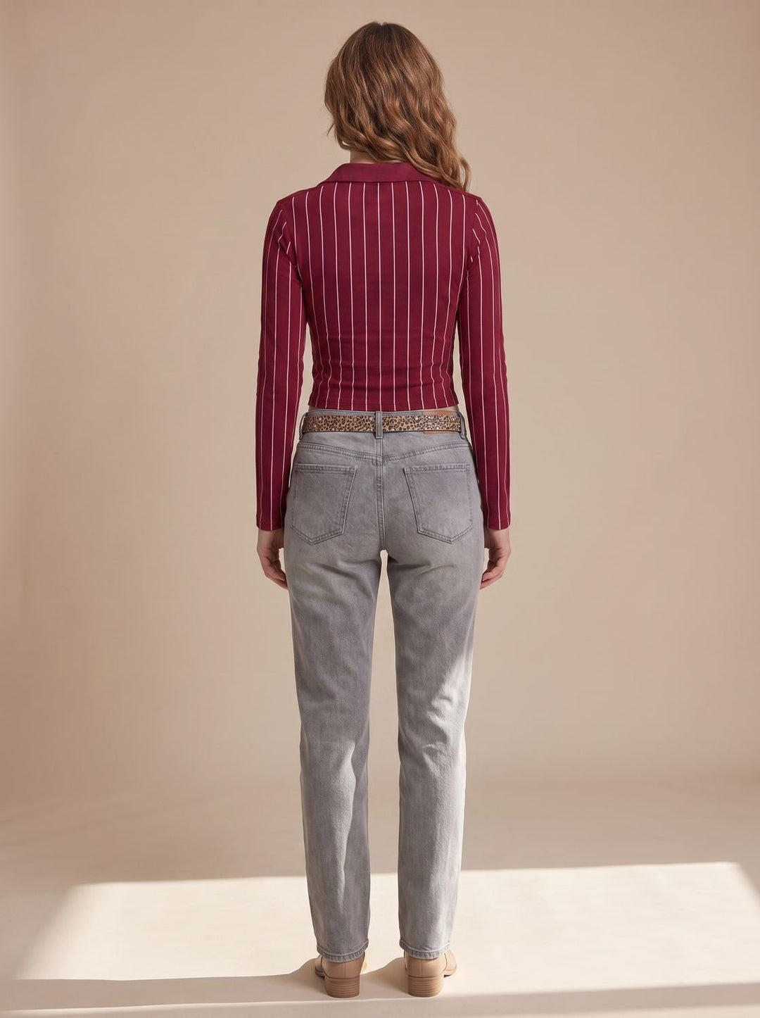 Women's Cropped Long-Sleeve Striped Collared Graphic Top