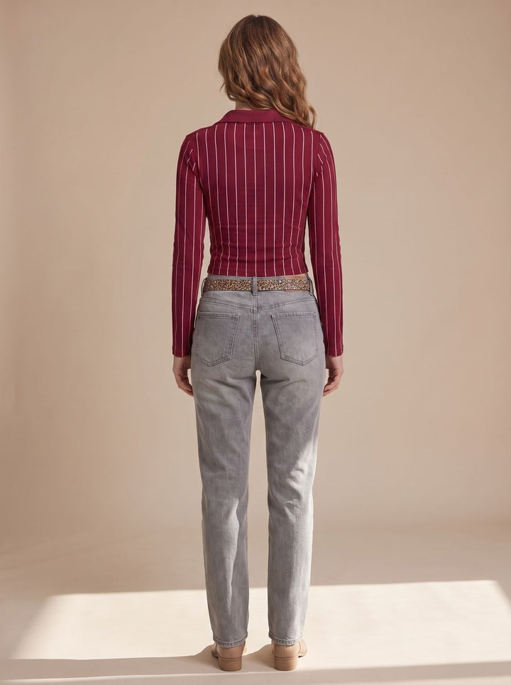 Women's Cropped Long-Sleeve Striped Collared Graphic Top