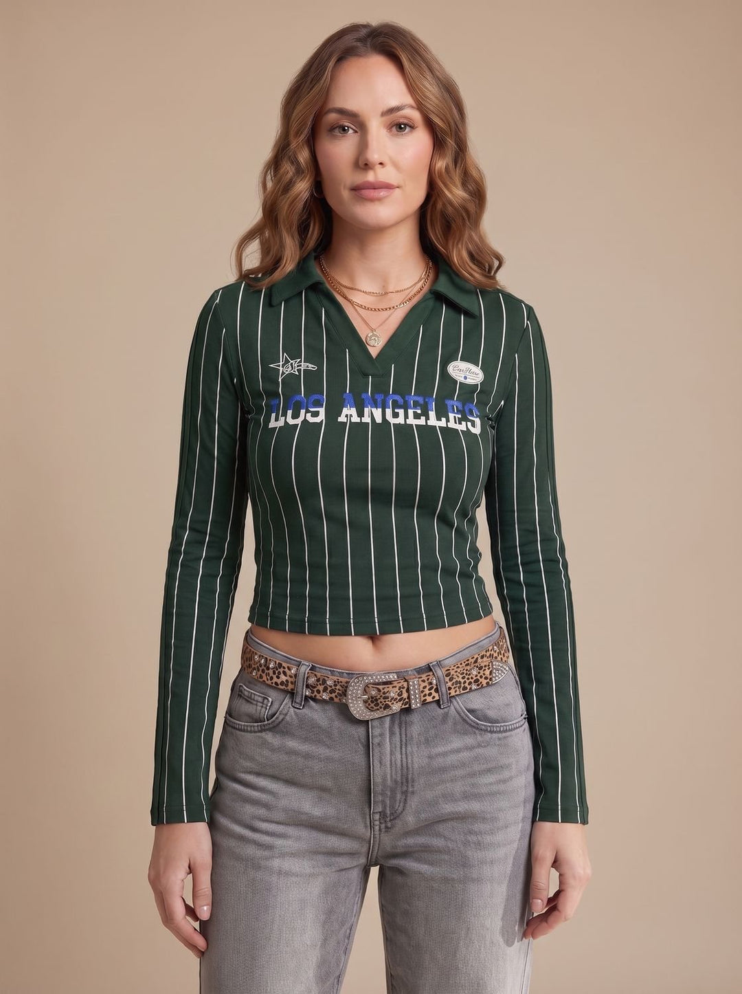 Women's Cropped Long-Sleeve Striped Collared Graphic Top