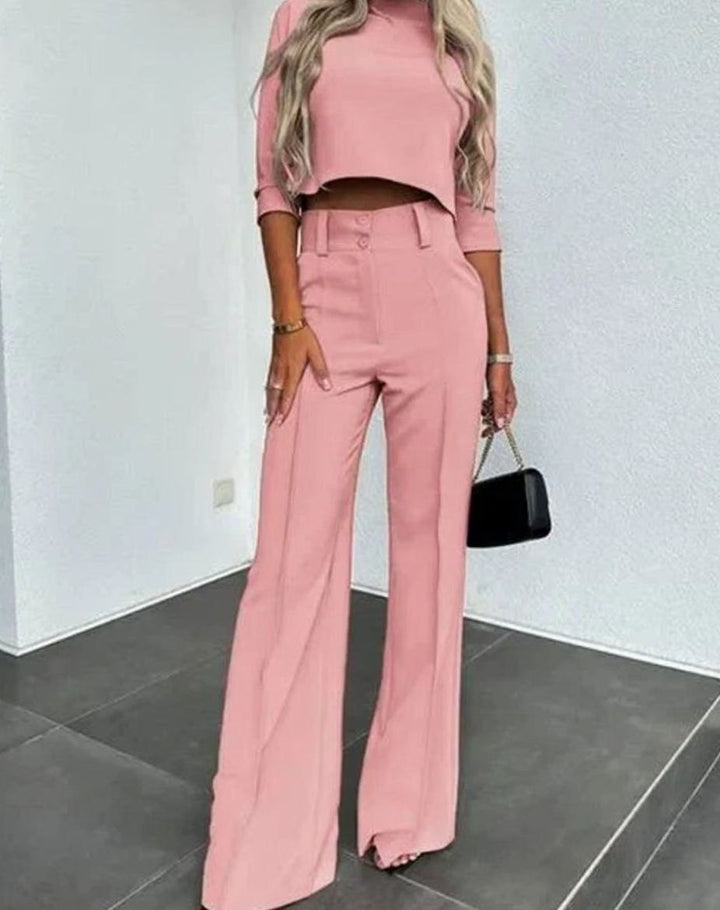 Women's Cropped Matching Top High-Waist Wide-Leg Pants Two-Piece Set - Pink