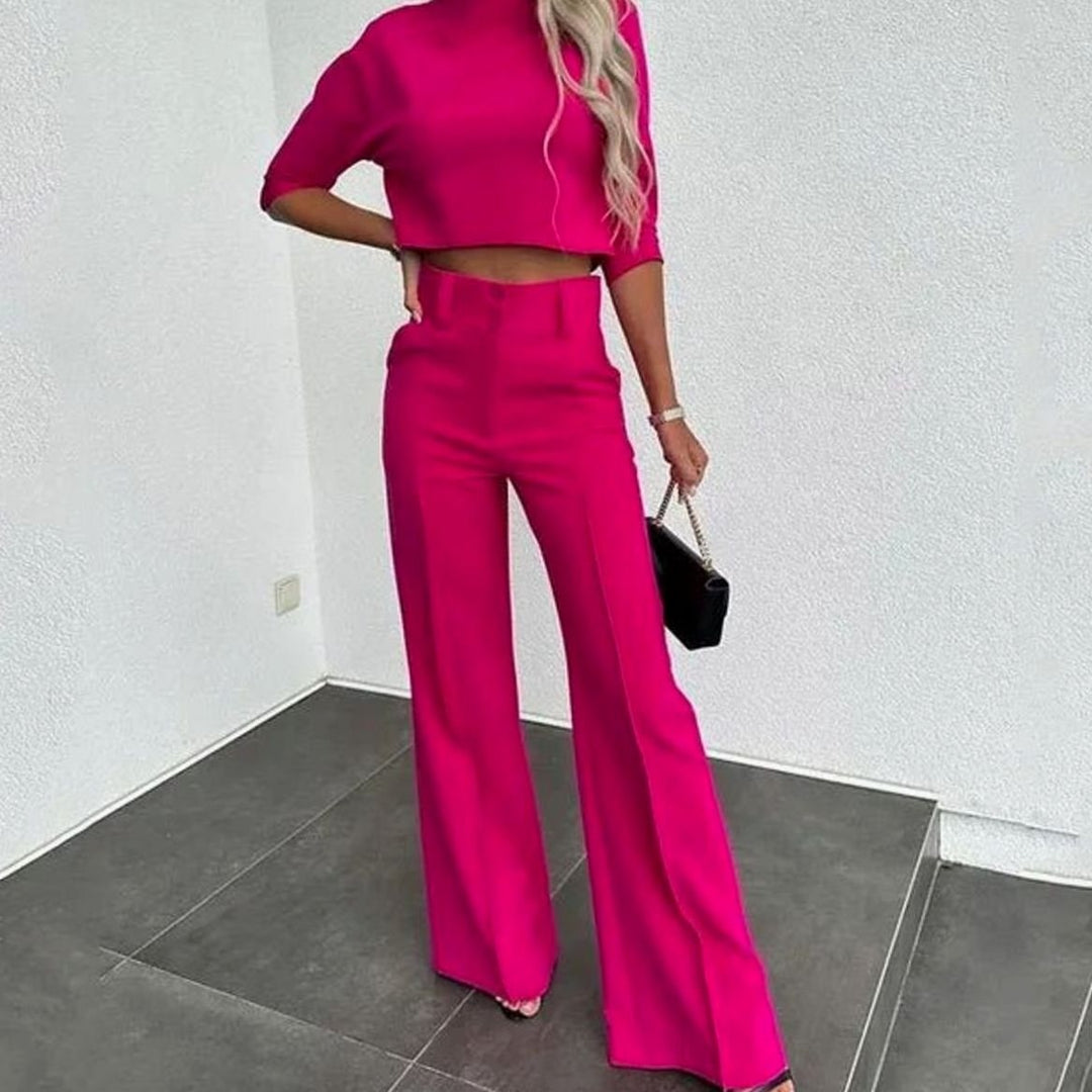 Women's Cropped Matching Top High-Waist Wide-Leg Pants Two-Piece Set - Dark Pink