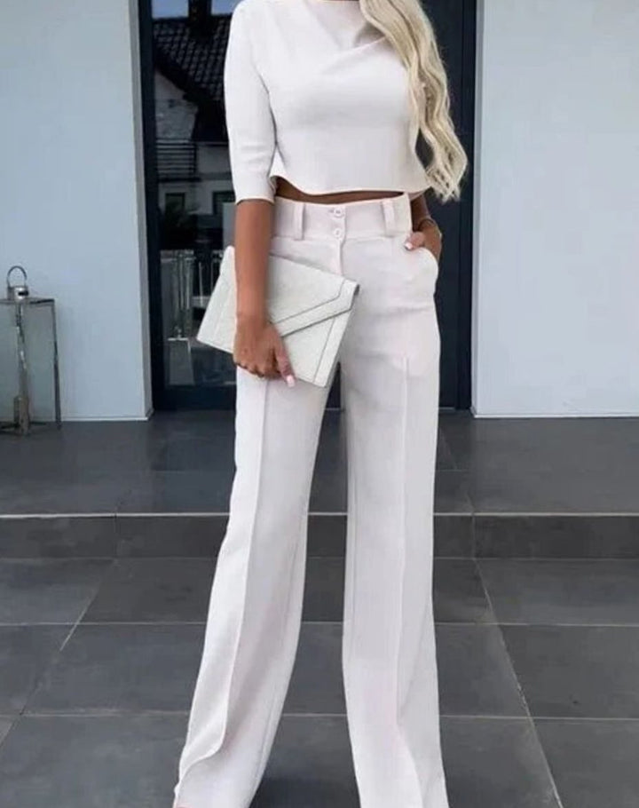 Women's Cropped Matching Top High-Waist Wide-Leg Pants Two-Piece Set - White