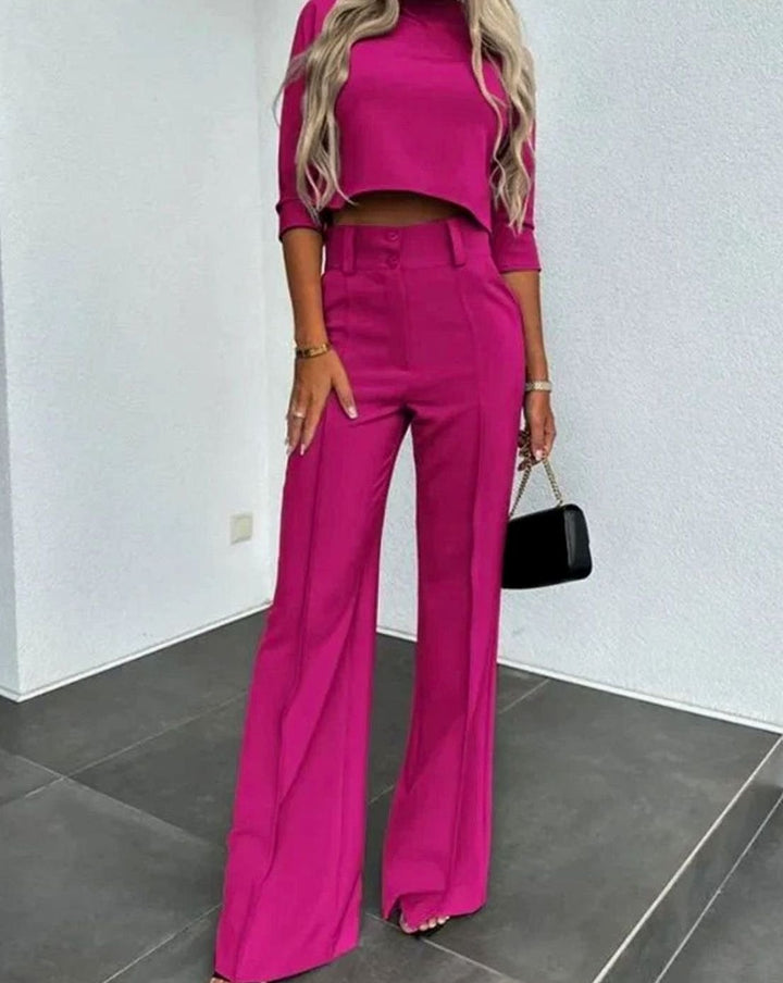 Women's Cropped Matching Top High-Waist Wide-Leg Pants Two-Piece Set