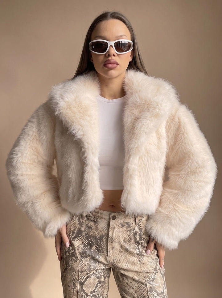 Women's Cropped Open-Front Faux Fur Coat Oversized Sleeves