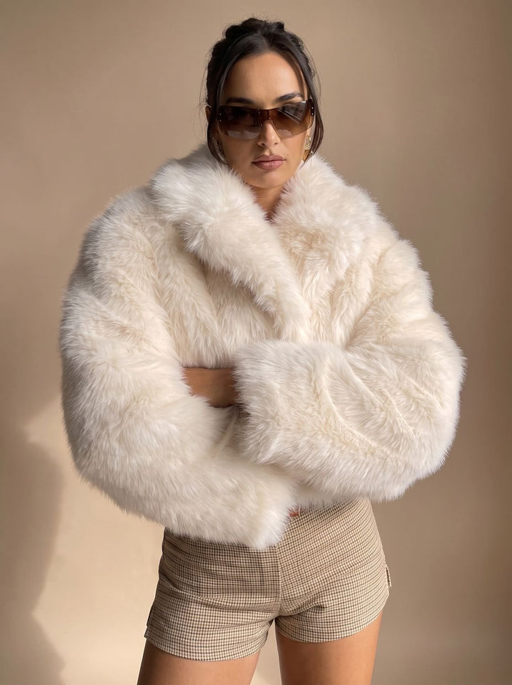 Women's Cropped Open-Front Faux Fur Coat Oversized Sleeves