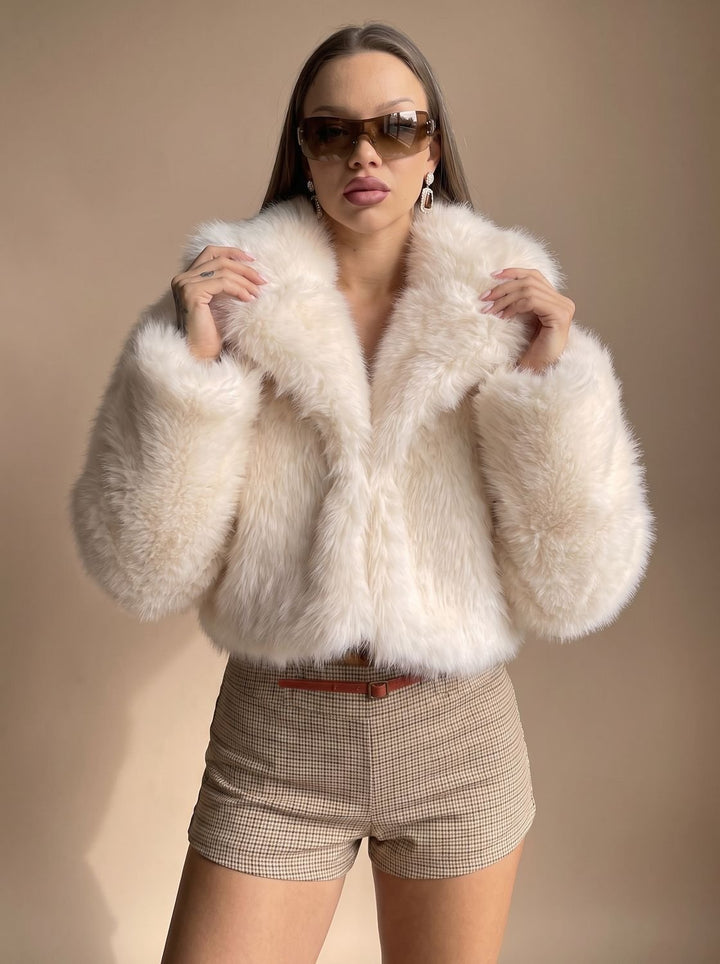 Women's Cropped Open-Front Faux Fur Coat Oversized Sleeves