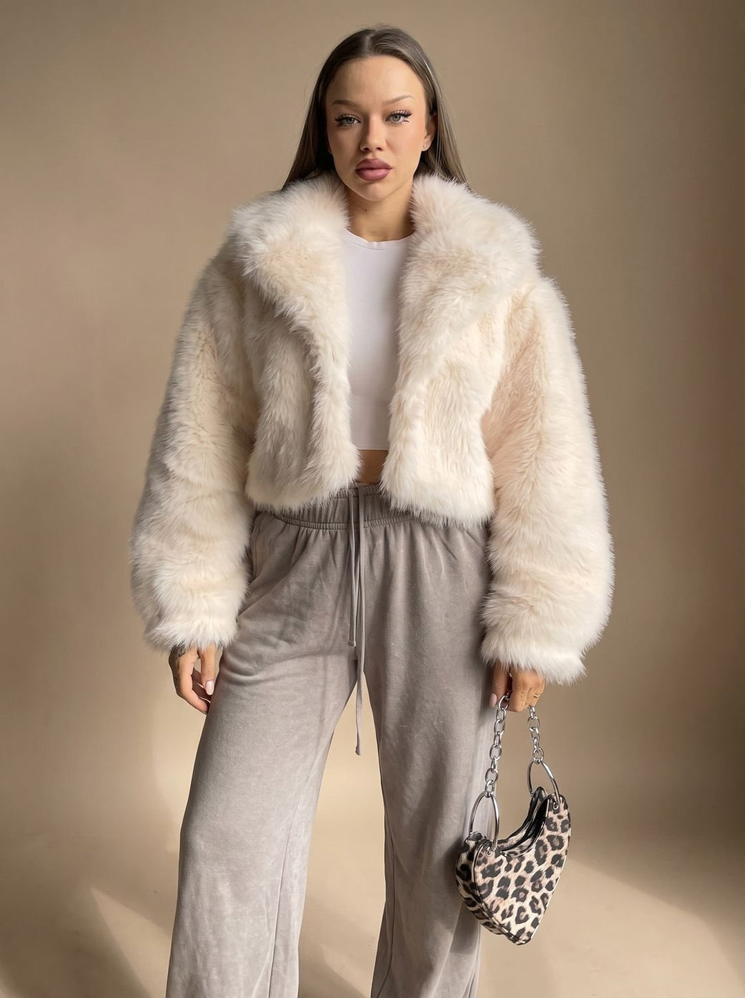 Women's Cropped Open-Front Faux Fur Coat Oversized Sleeves