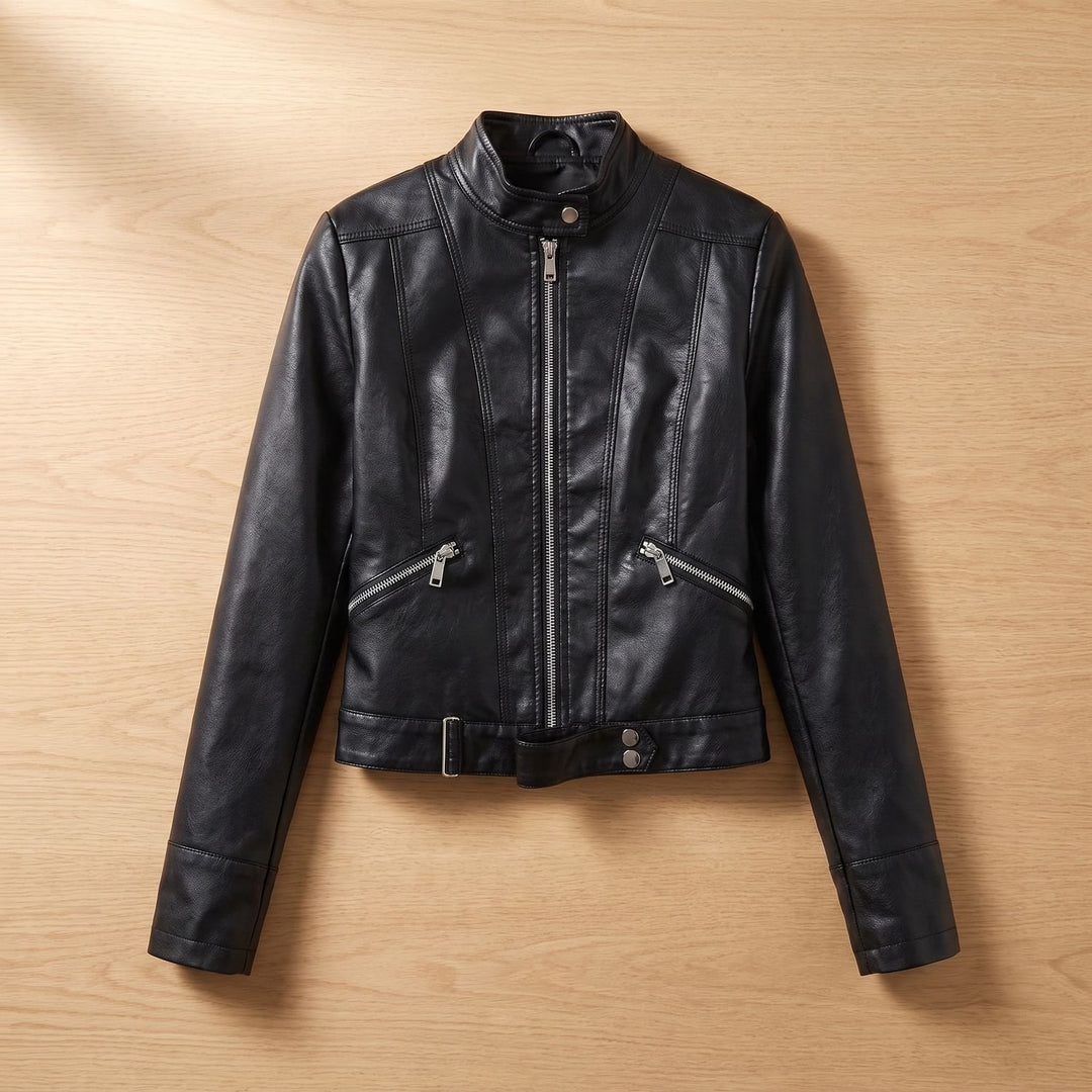 Women's Cropped Stand Collar Faux Leather Jacket Moto Biker - Black