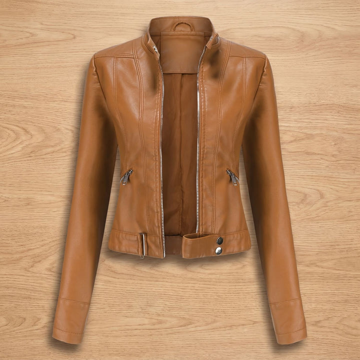 Women's Cropped Stand Collar Faux Leather Jacket Moto Biker - Light Brown