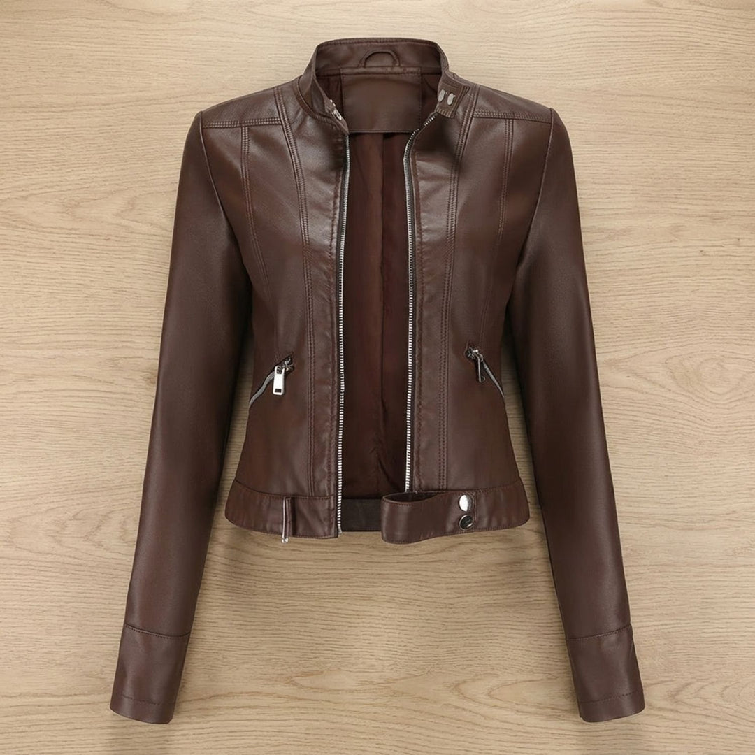 Women's Cropped Stand Collar Faux Leather Jacket Moto Biker - Brown