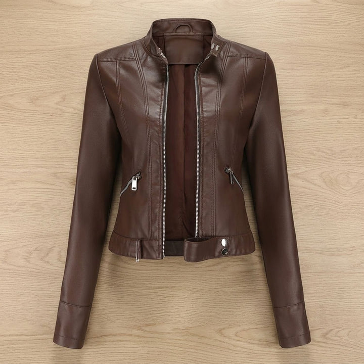 Women's Cropped Stand Collar Faux Leather Jacket Moto Biker - Brown