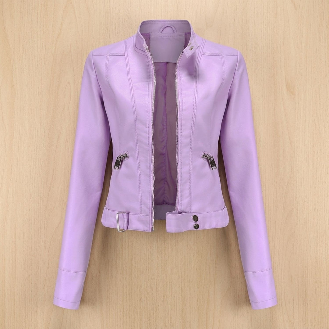 Women's Cropped Stand Collar Faux Leather Jacket Moto Biker - Lilac