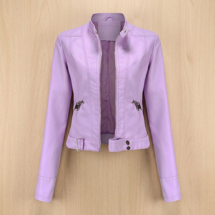 Women's Cropped Stand Collar Faux Leather Jacket Moto Biker - Lilac
