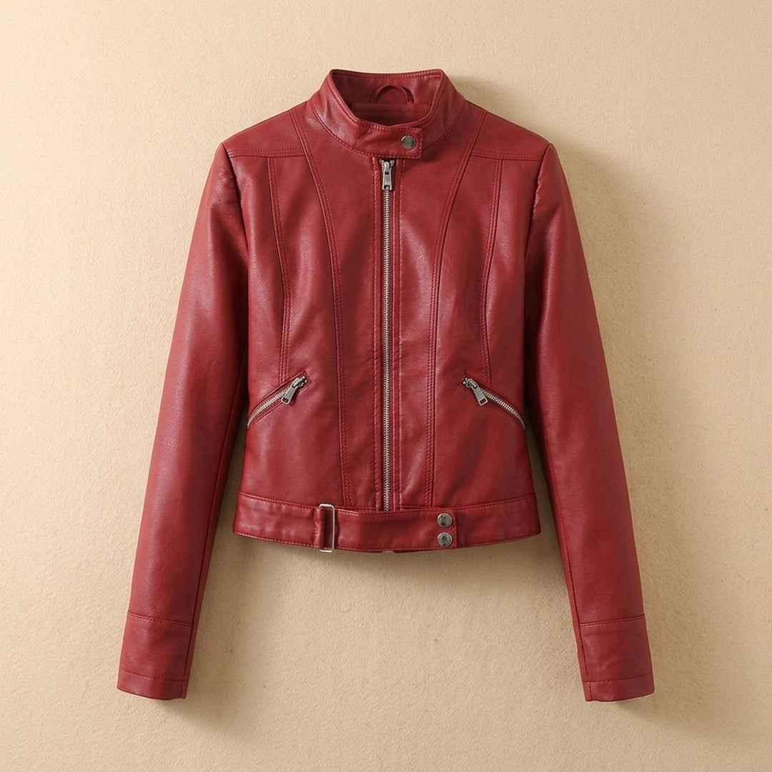 Women's Cropped Stand Collar Faux Leather Jacket Moto Biker - Red