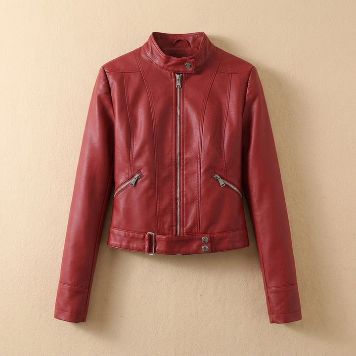 Women's Cropped Stand Collar Faux Leather Jacket Moto Biker - Red