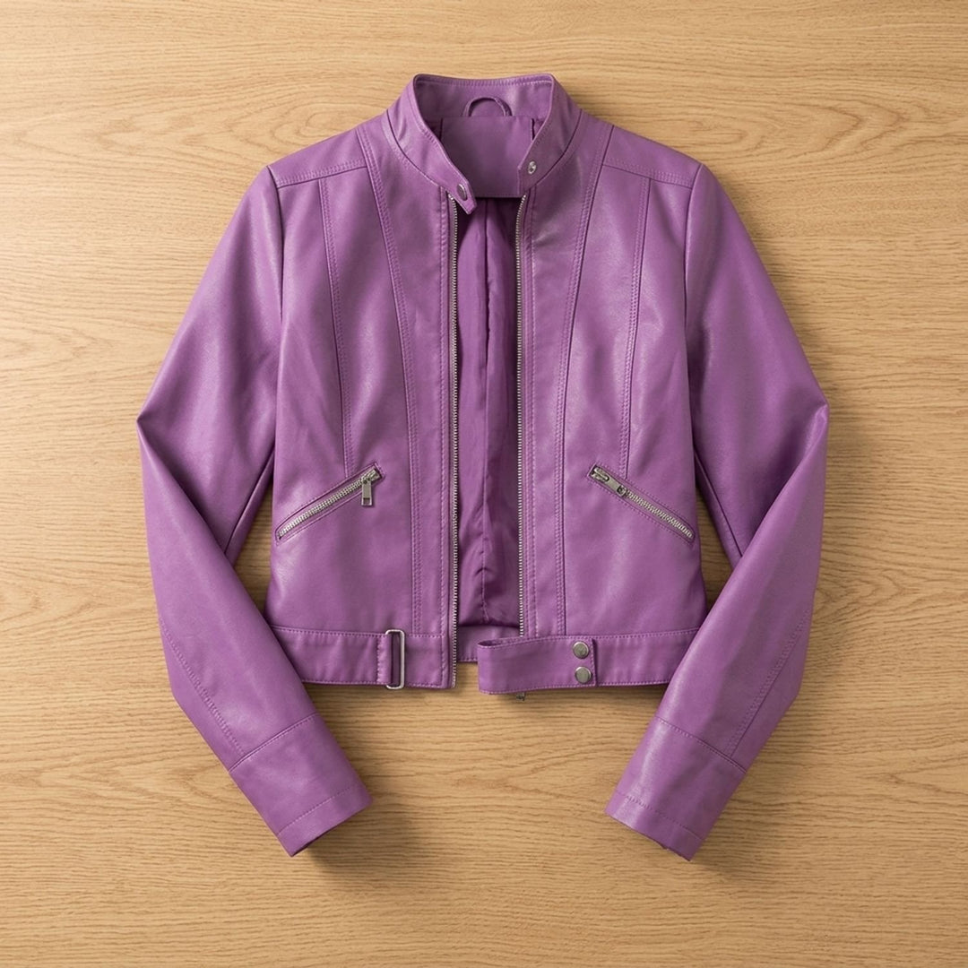 Women's Cropped Stand Collar Faux Leather Jacket Moto Biker - Dark Violet