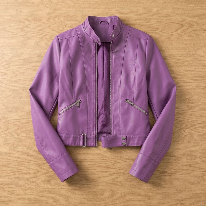 Women's Cropped Stand Collar Faux Leather Jacket Moto Biker - Dark Violet