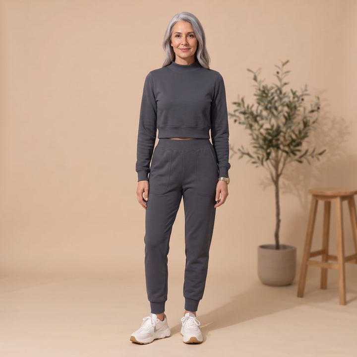 Women's Cropped Sweater High-Waist Jogger Loungewear Set - Gray