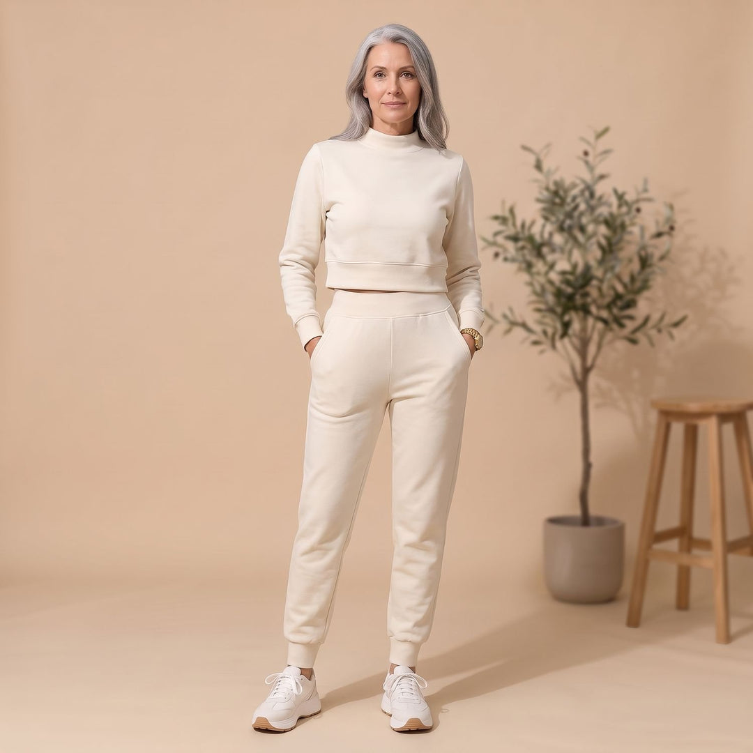 Women's Cropped Sweater High-Waist Jogger Loungewear Set - Off-White