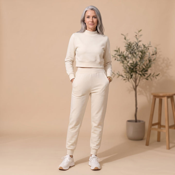 Women's Cropped Sweater High-Waist Jogger Loungewear Set - Off-White