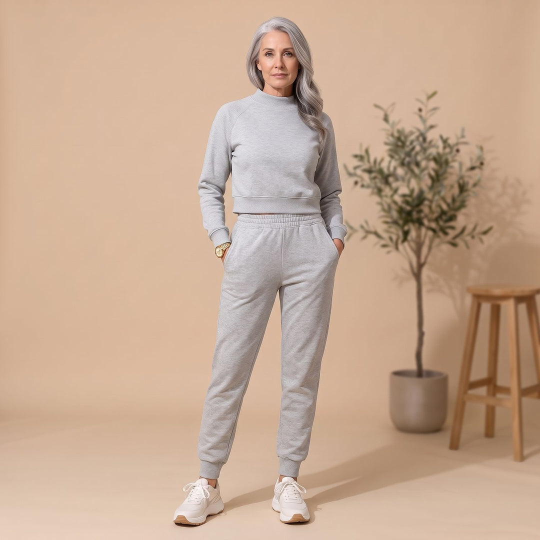 Women's Cropped Sweater High-Waist Jogger Loungewear Set - Light Gray