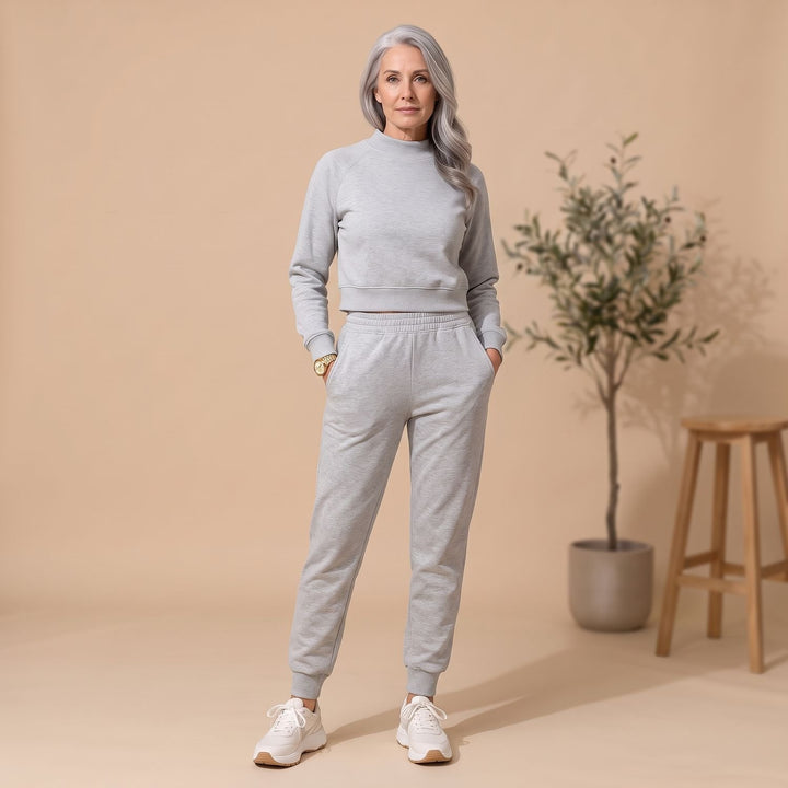 Women's Cropped Sweater High-Waist Jogger Loungewear Set - Light Gray