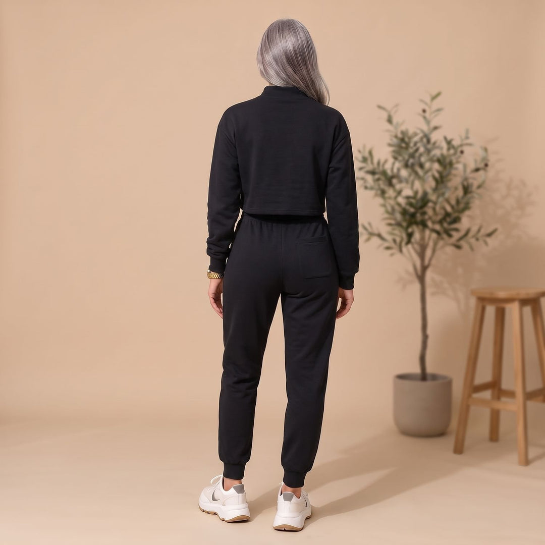 Women's Cropped Sweater High-Waist Jogger Loungewear Set - Black
