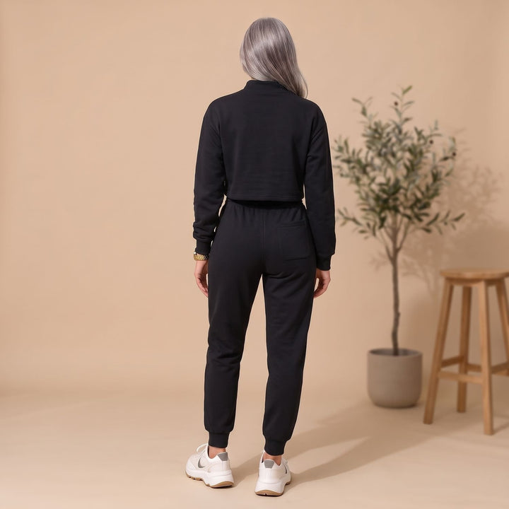 Women's Cropped Sweater High-Waist Jogger Loungewear Set - Black