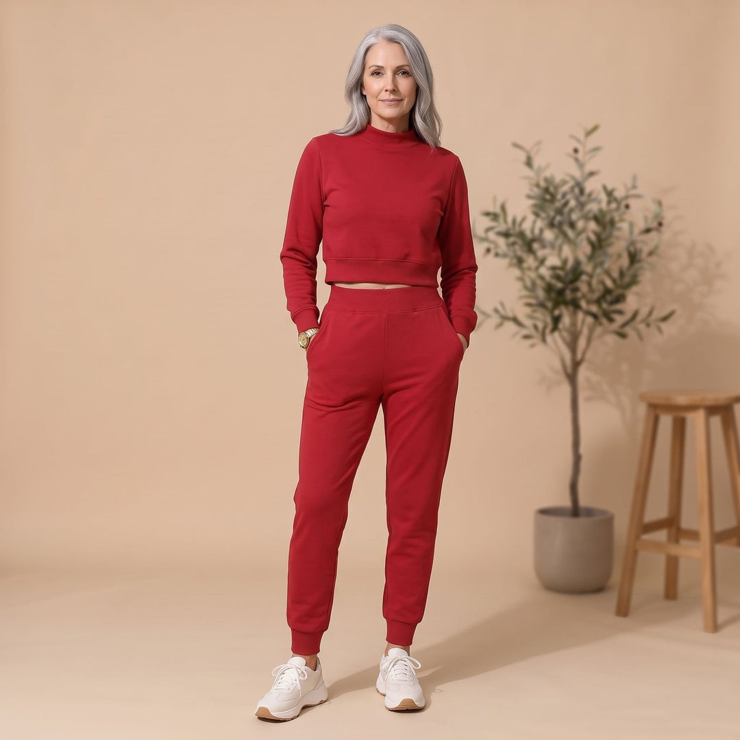 Women's Cropped Sweater High-Waist Jogger Loungewear Set - Red