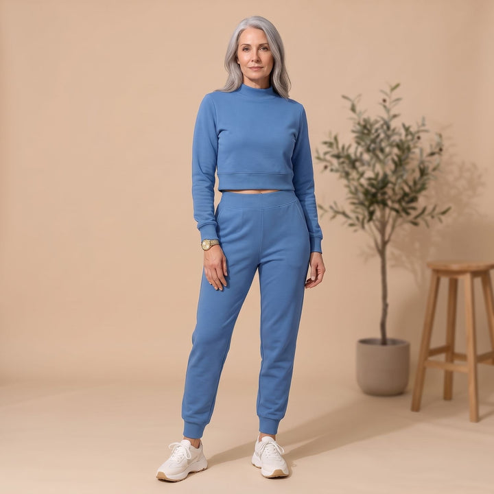 Women's Cropped Sweater High-Waist Jogger Loungewear Set - Blue