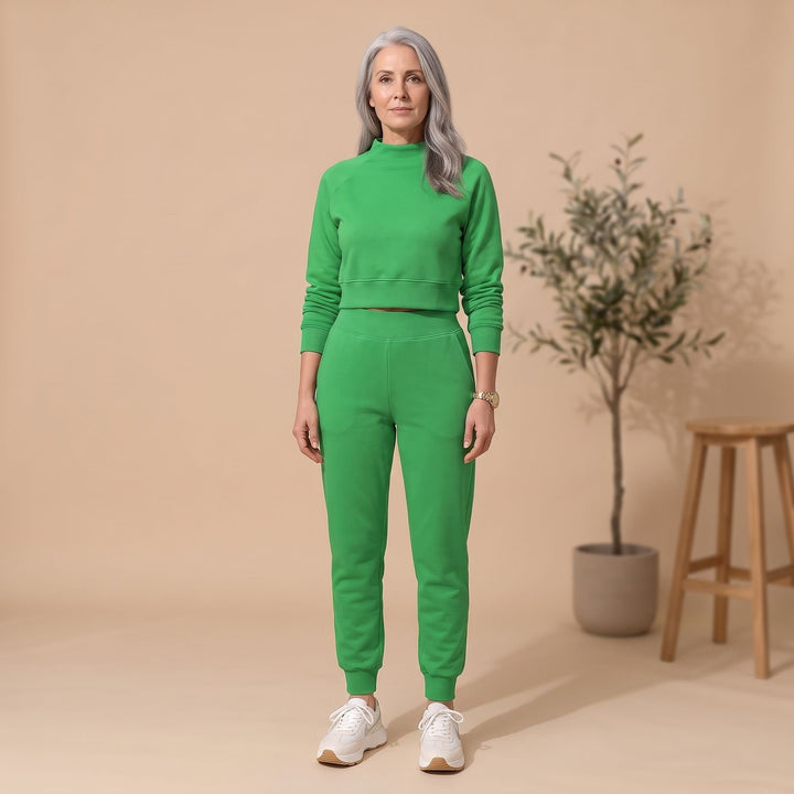 Women's Cropped Sweater High-Waist Jogger Loungewear Set - Green