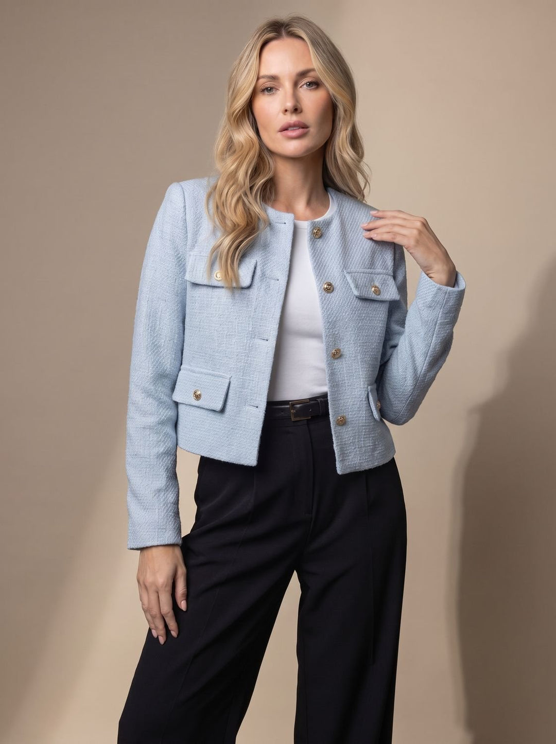 Women's Cropped Tweed Blazer Collarless Gold-Button Flap-Pocket Jacket - Light Blue