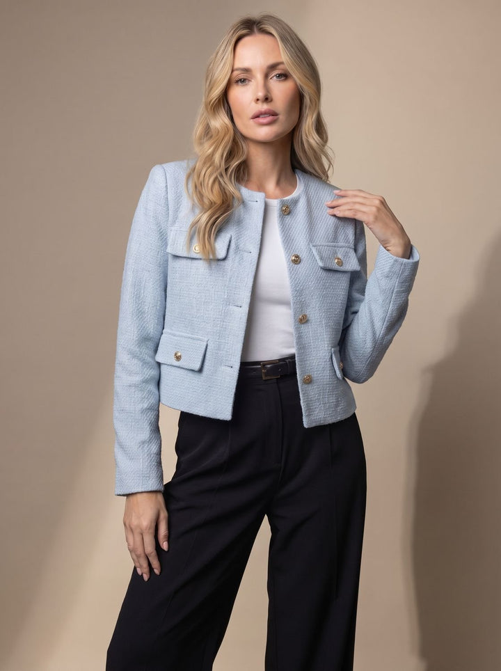 Women's Cropped Tweed Blazer Collarless Gold-Button Flap-Pocket Jacket - Light Blue