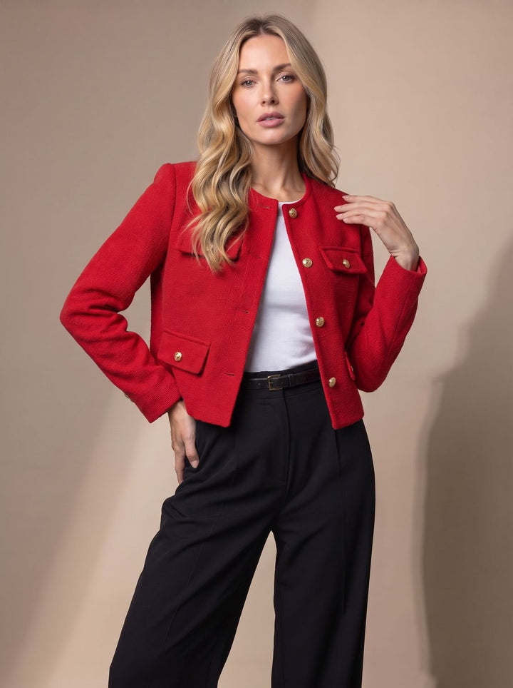 Women's Cropped Tweed Blazer Collarless Gold-Button Flap-Pocket Jacket - Red