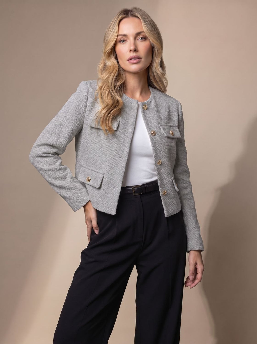 Women's Cropped Tweed Blazer Collarless Gold-Button Flap-Pocket Jacket - Grey