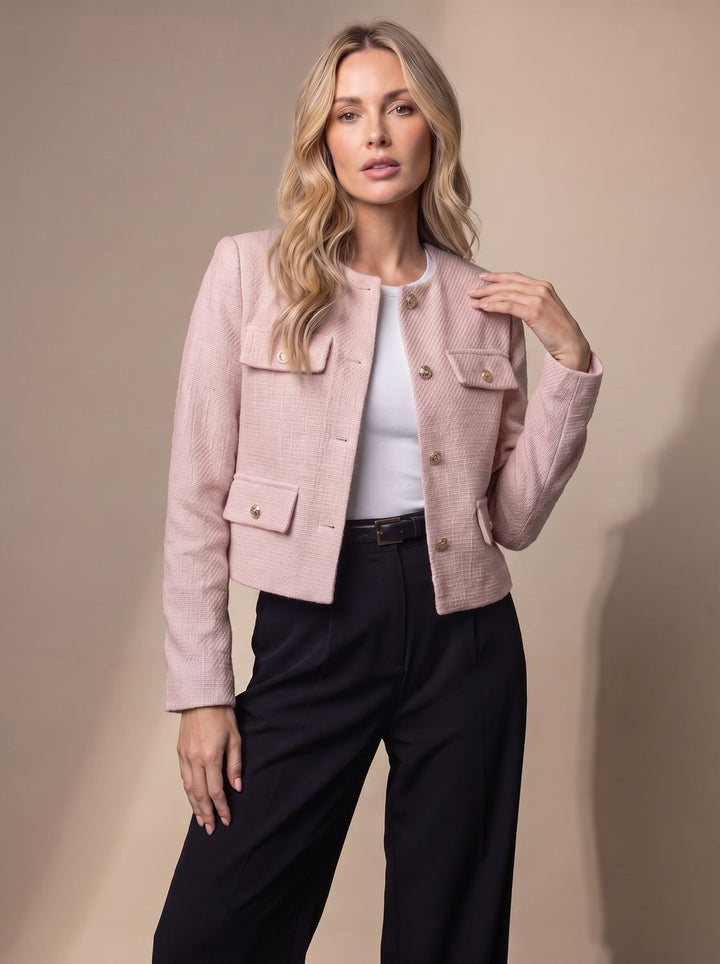 Women's Cropped Tweed Blazer Collarless Gold-Button Flap-Pocket Jacket - Light Pink