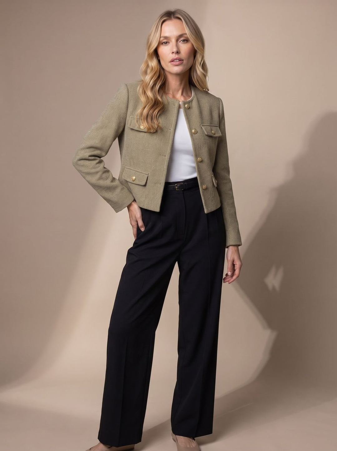 Women's Cropped Tweed Blazer Collarless Gold-Button Flap-Pocket Jacket - Olive