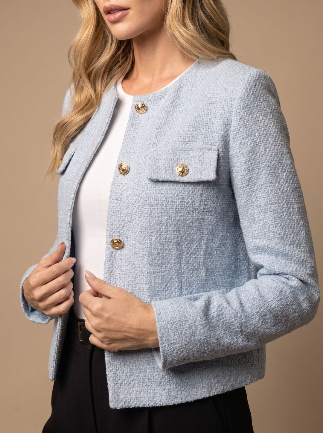 Women's Cropped Tweed Blazer Collarless Gold-Button Flap-Pocket Jacket