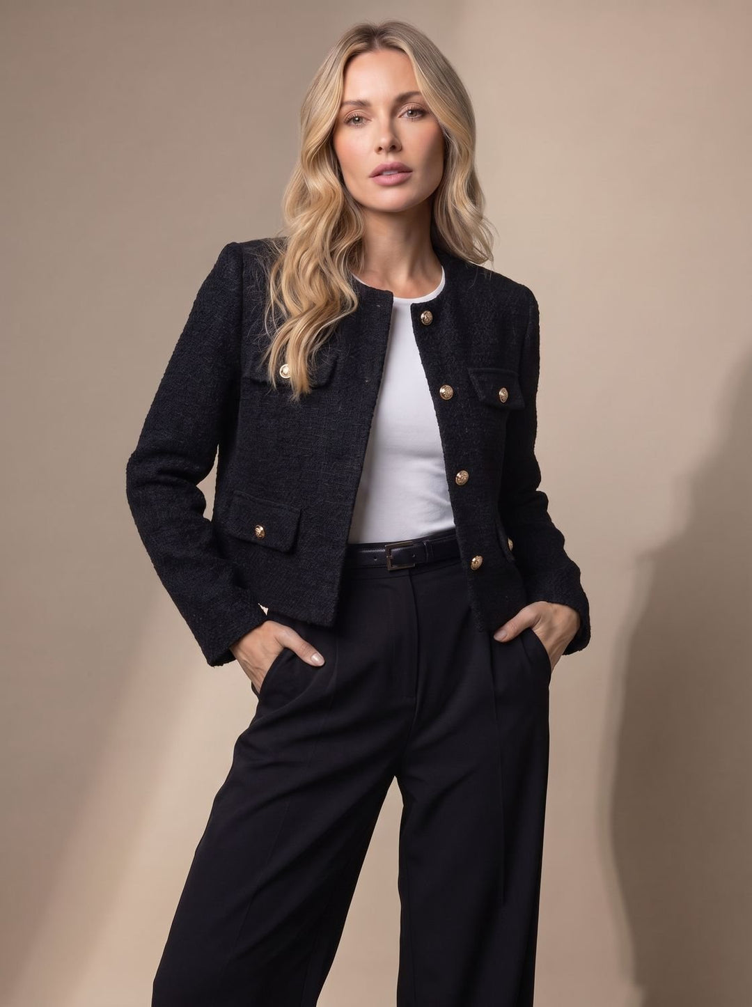 Women's Cropped Tweed Blazer Collarless Gold-Button Flap-Pocket Jacket - Black