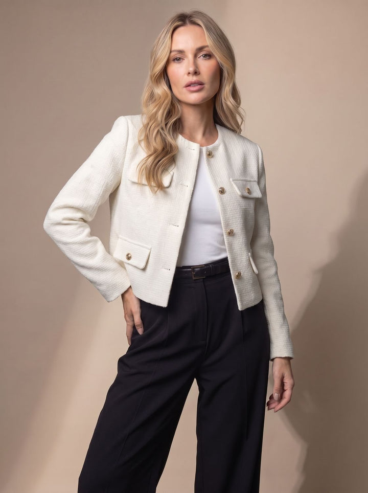 Women's Cropped Tweed Blazer Collarless Gold-Button Flap-Pocket Jacket - White