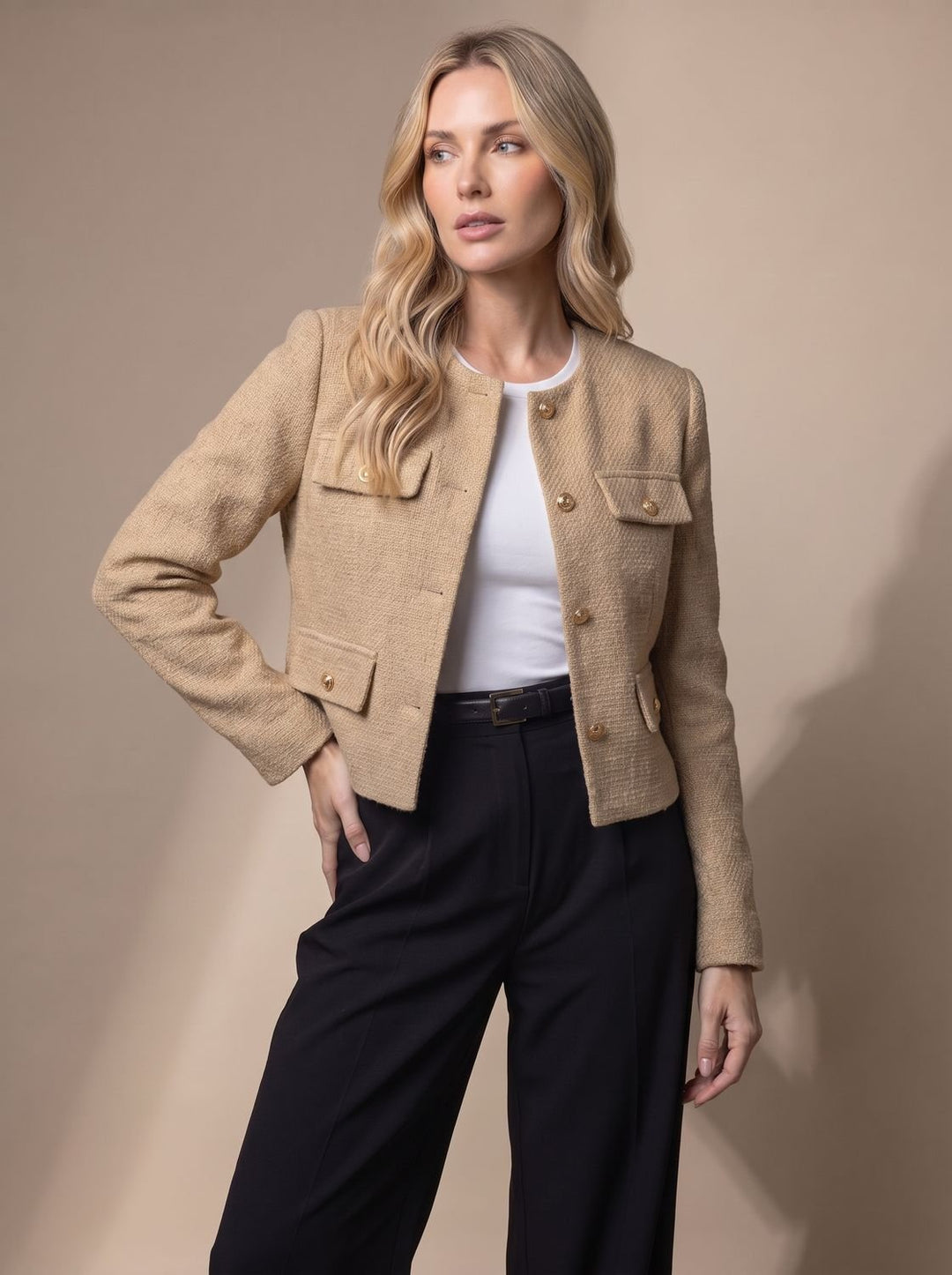 Women's Cropped Tweed Blazer Collarless Gold-Button Flap-Pocket Jacket - Khaki
