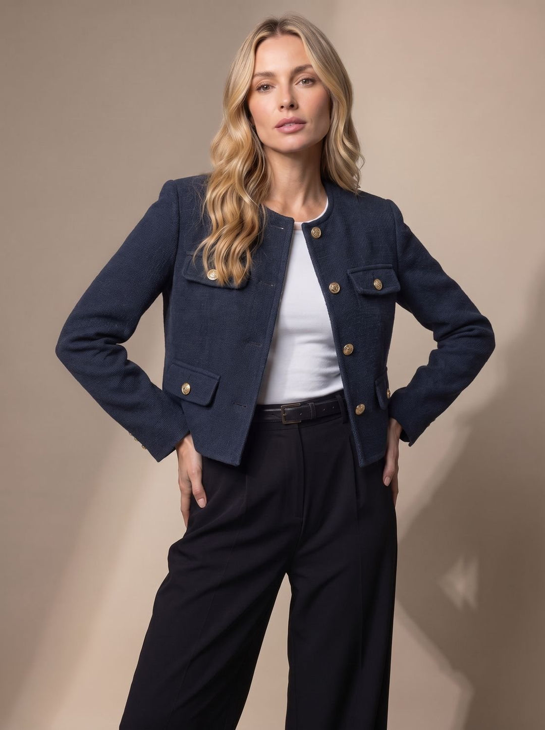 Women's Cropped Tweed Blazer Collarless Gold-Button Flap-Pocket Jacket - Navy Blue