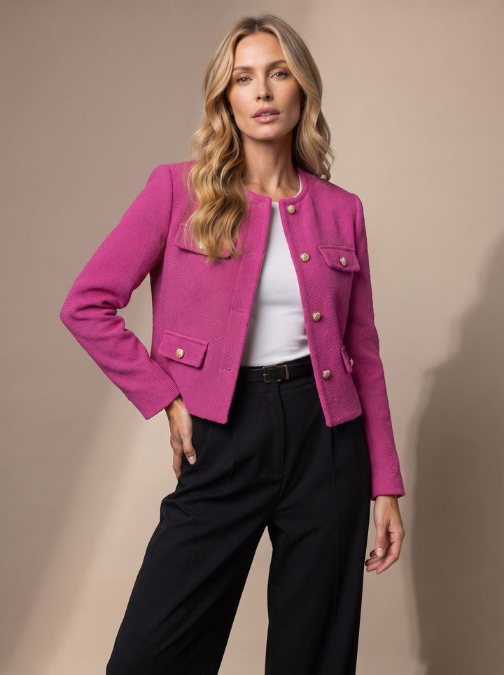 Women's Cropped Tweed Blazer Collarless Gold-Button Flap-Pocket Jacket - Pink