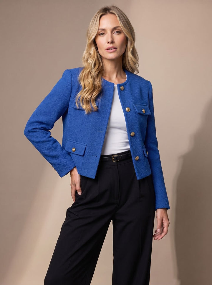 Women's Cropped Tweed Blazer Collarless Gold-Button Flap-Pocket Jacket - Blue