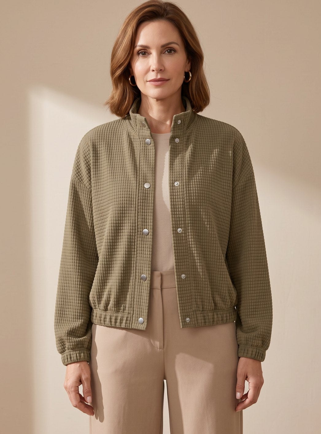 Women's Cropped Waffle-Knit Button-Up Stand-Collar Jacket