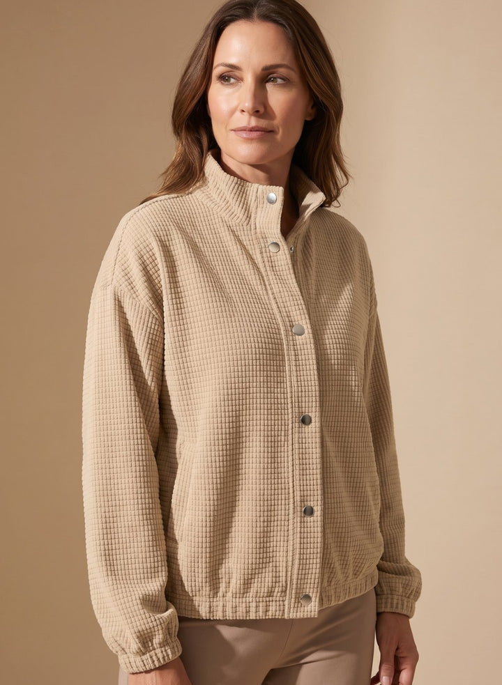 Women's Cropped Waffle-Knit Button-Up Stand-Collar Jacket